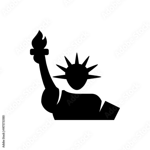 Silhouette depiction of the statue of liberty holding a torch with spiked crown in black and white style