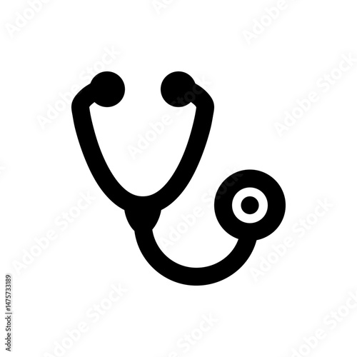 A black and white illustration of a stethoscope with earpieces and chestpiece on a white background