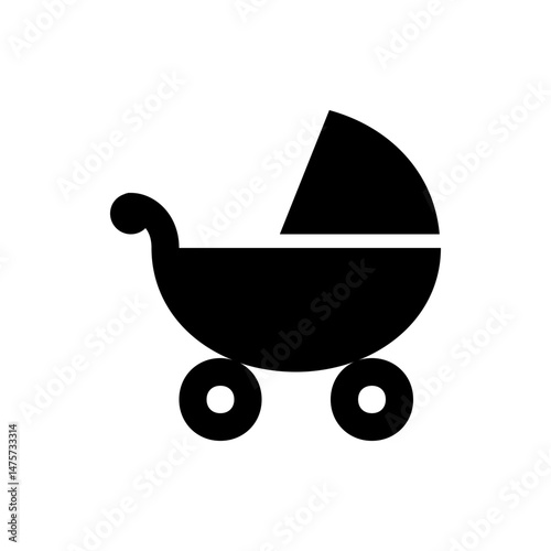 A simple black and white illustration of a baby carriage with a curved handle and two circular wheels design