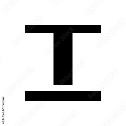 Illustration of a bold black letter t with a thick horizontal line below it against a white background view from front