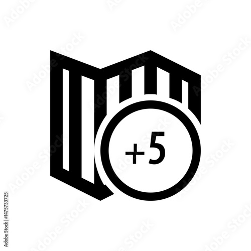 Black and white icon depicting a folded map with a circular badge showing plus five on the right side