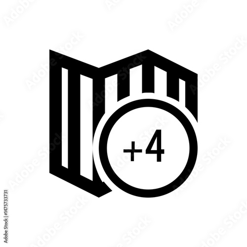 Black and white folded map icon with a circle containing a plus sign and the number four overlaying it