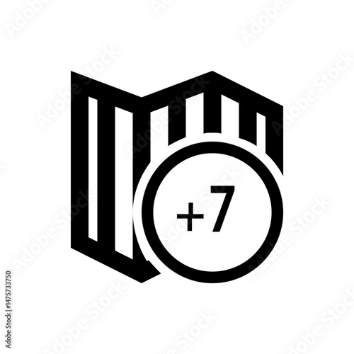 Black and white illustration of a map icon with a plus seven symbol inside of a circle shape design