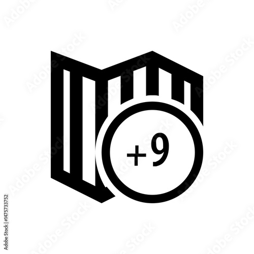Folded map icon with a circle containing a plus sign and the number nine in black and white design