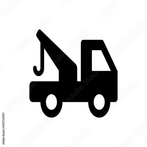 Illustration of a black tow truck with a visible hook, wheels, and cabin on a white background plain view