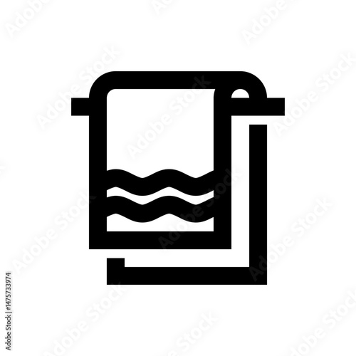 Black and white illustration of a towel hanging on a rack with wavy lines representing water inside it