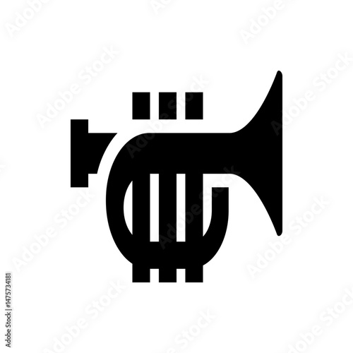 Illustration of a black trumpet with three valves and a flared bell on a white background design element