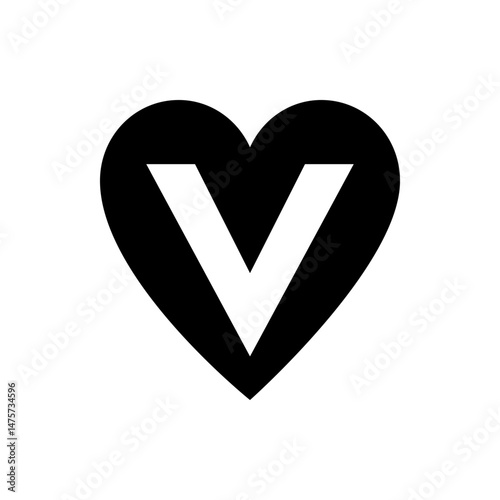 Black heart shape with a white letter v inside it in a simple and minimalist vector graphic design style