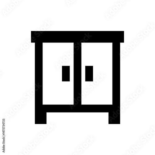 A pixelated illustration of a black and white cabinet with two doors and rectangular handles design