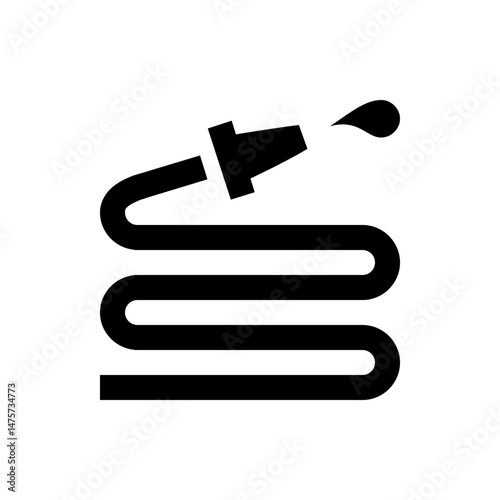 Illustration of a black garden hose with a nozzle and a water droplet on a white background design element