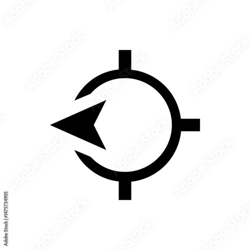 Black arrow pointing left inside a broken circle with crosshairs in a simple graphic design style icon