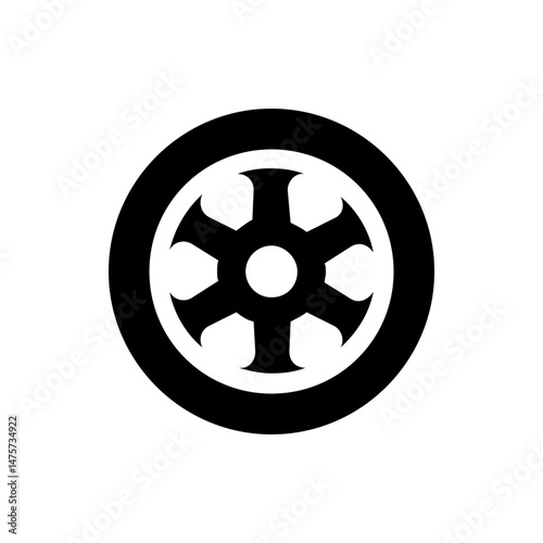 Illustration of a black tire with six spoke wheel design and a circular center on a white background view
