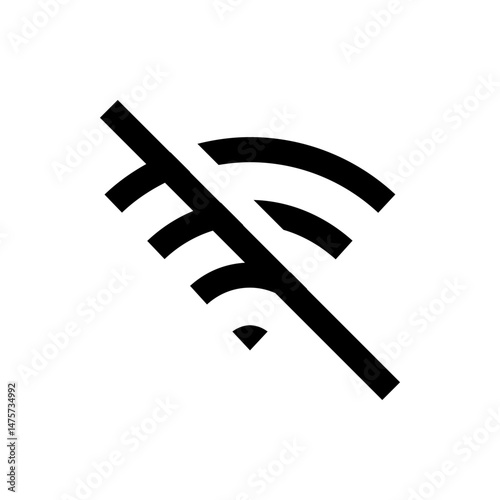 Black and white illustration of a wifi symbol with a diagonal line through it indicating disconnection or no signal