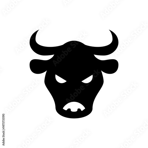 Silhouette of an angry bull head with sharp horns and piercing eyes in a minimalist black and white design