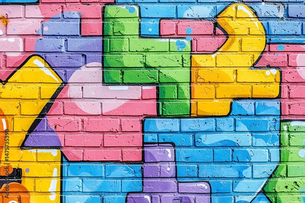 Obraz premium Vibrant Graffiti Art on Brick Wall: A Colorful Explosion of Abstract Shapes and Designs