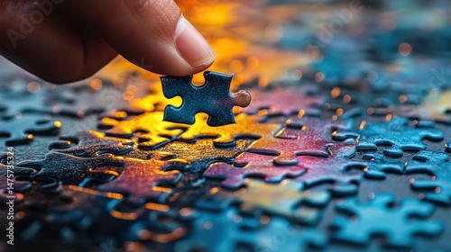 A hand placing a jigsaw puzzle piece.  A colorful, intricate puzzle is nearly complete