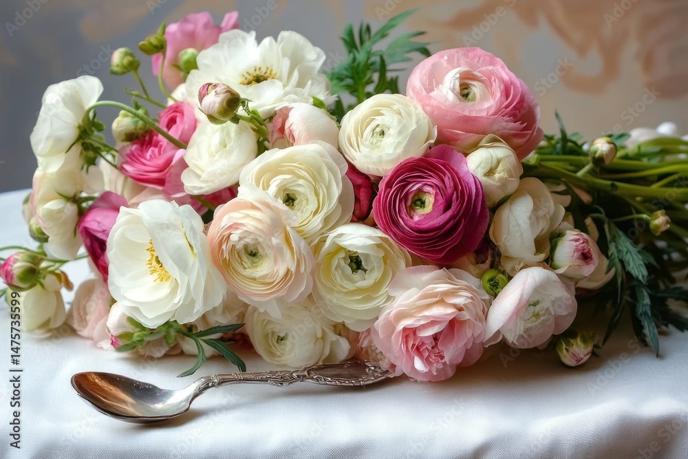 Obraz premium A delicate bouquet of mixed ranunculus flowers in shades of white, pink, and deep rose resting on a white cloth with an ornate silver spoon nearby, evoking elegance and softness