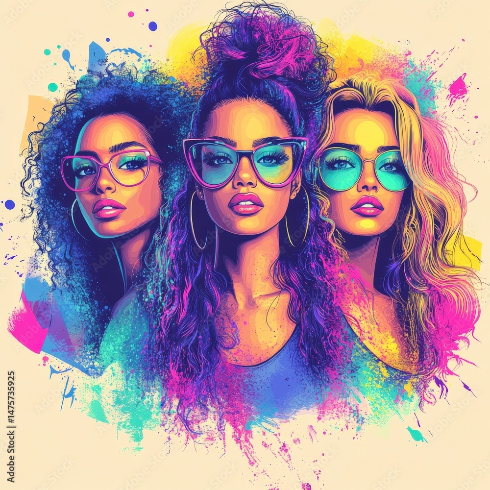 Fototapeta premium Vibrant Portrait of Three Stylish Young Women with Colorful Hair and Bold Glasses Against a Bright Abstract Background