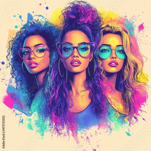 Vibrant Portrait of Three Stylish Young Women with Colorful Hair and Bold Glasses Against a Bright Abstract Background