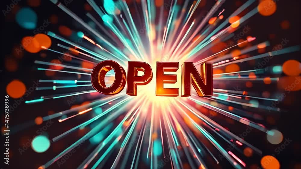 Colorful sign that says open with a burst of light