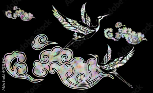 전통 자개 민화 일러스트 – 학과 구름 : Korean Mother-of-Pearl Folk Art with Cranes and Clouds
