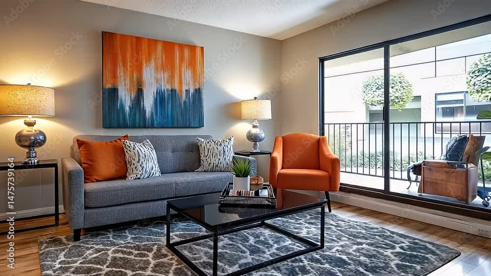 Contemporary Living Room Interior with Gray Sofa Orange Armchair and Abstract Artwork with Soft Lighting