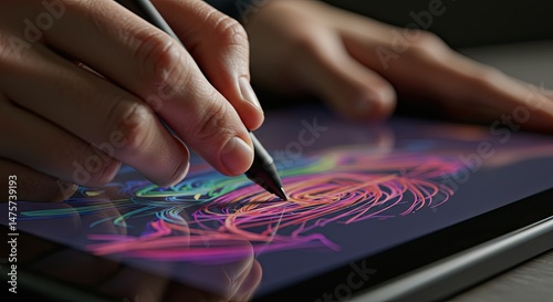 Close-up of hands drawing on a digital tablet.
