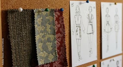 Fashion design sketches and fabric swatches displayed on a cork board.