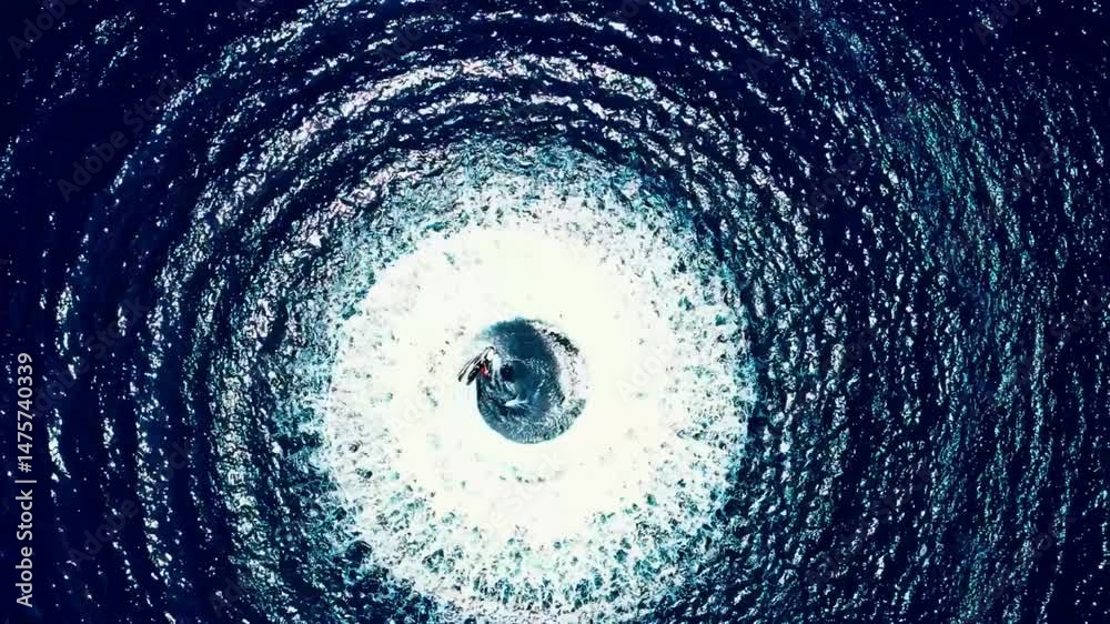 Abstract swirling vortex, blue and white concentric circles, dynamic motion, textured background