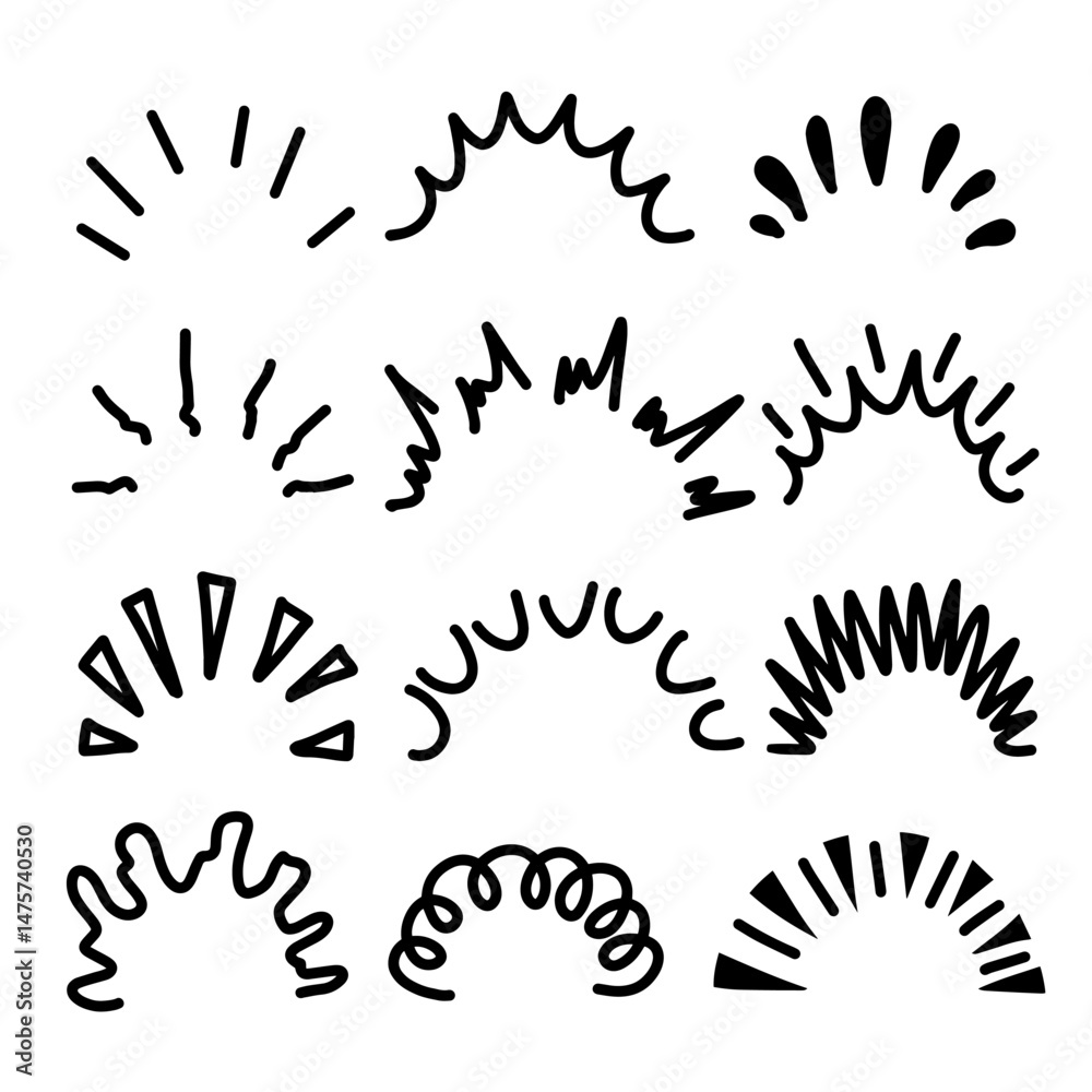 Sunburst doodle. Line shine rays and sparkles. Hand drawn Decorative surprise frame. Comic anime signs. Sunbeams or fireworks collection Sunburst doodle. Line shine rays and sparkles. Hand drawn Decorative surprise frame. Comic anime signs. Sunbeams or fireworks collection
