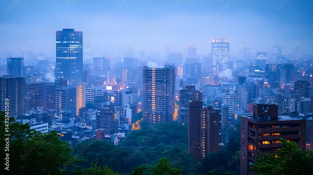 Naklejka premium Cityscape at dusk, misty skyline, urban view, background lights