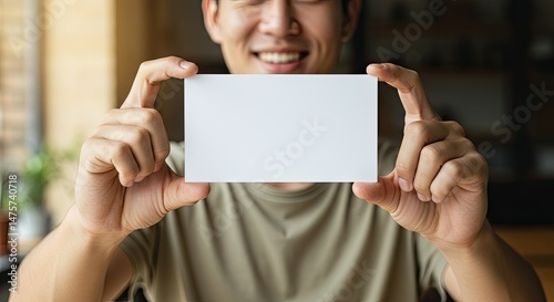 Close-up of a person holding a blank white card.