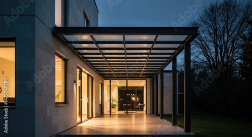 Modern home exterior patio at twilight.