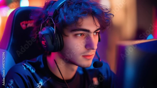 pro gamer man in headphones live streaming while playing online computer game, neon lights, esports,  gaming, monitor, play, young, player, internet, enjoyment, cyber, photo