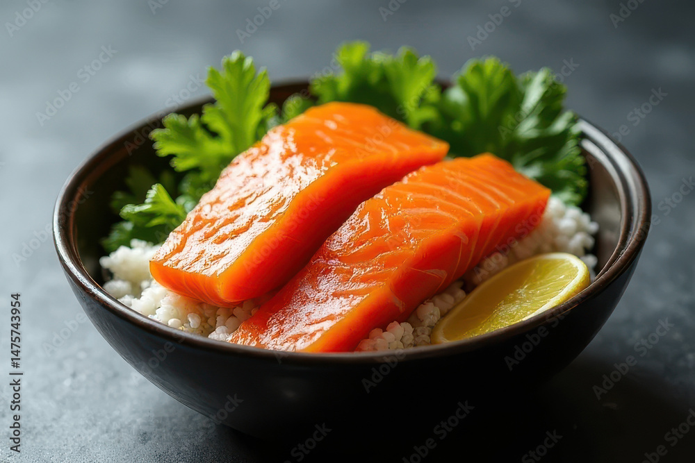 Tempting Salmon Poke Bowl: Dark Moody Table Corner Food Photography with Golden Hour Radiance Tempting Salmon Poke Bowl: Dark Moody Table Corner Food Photography with Golden Hour Radiance