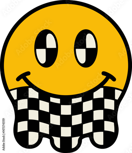 "Melting smiley face illustration with black and white checkerboard pattern – playful retro graphic with streetwear and rave culture influences.