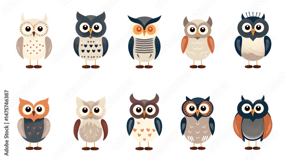 Obraz premium Collection of Twelve Cartoon Funny Owls with Various Patterns for Design Projects