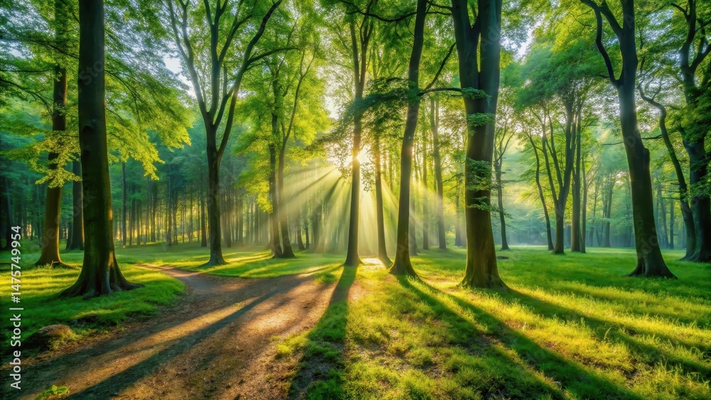 Fototapeta premium Morning sunlight filters through leafy green trees in a serene forest setting, casting dappled shadows on the ground , nature landscape, outdoors