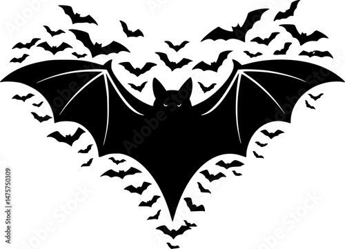 Swarm of Bats Forming a Bat Silhouette – Dynamic Monochrome Vector Illustration with Flying Bats, Perfect for T-Shirts, Posters, and Halloween Designs