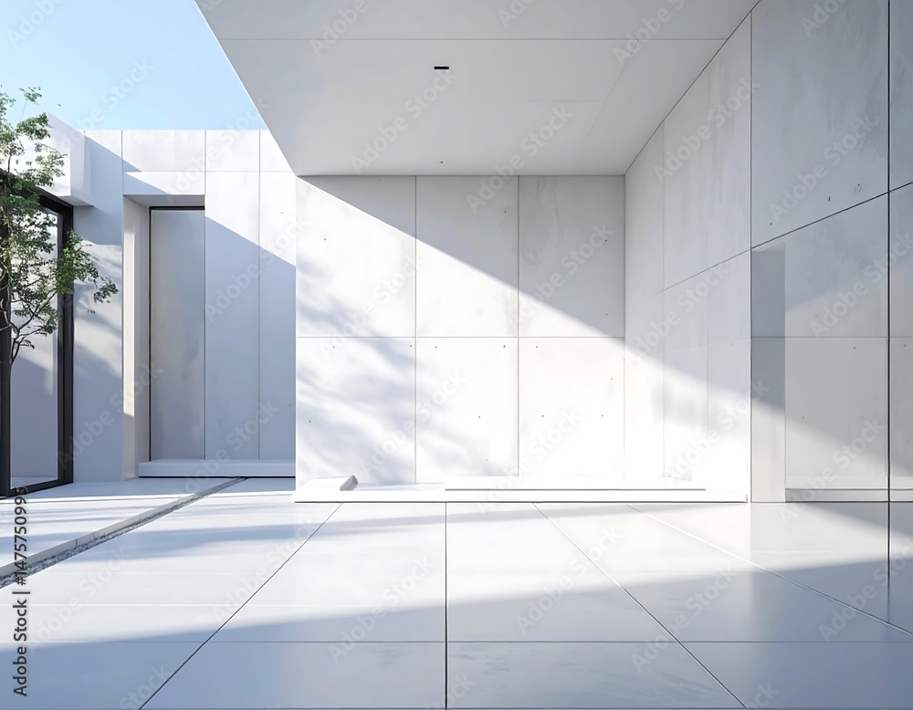 Fototapeta premium Minimalist architecture featuring white walls and geometric shadows, enhancing the space's stark beauty and modern design.