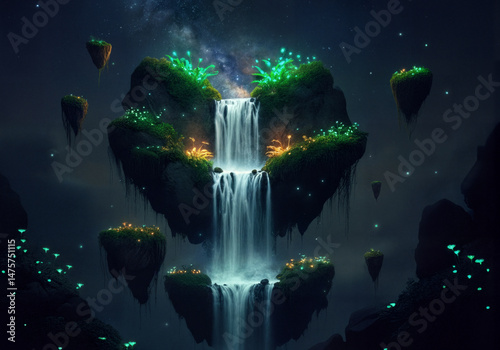 A waterfall flowing upward into the stars, surrounded by floating rocks and glowing plants