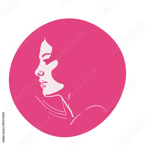 Stylized vector icon of a woman face in profile within a pink circle, elegant graphic symbol for beauty, fashion, spa, wellness, or feminine concepts