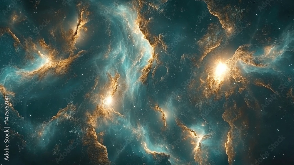 Obraz premium Stunning Cosmic Nebula in Vibrant Blues and Golds, Swirling Stellar Clouds with Distant Stars and Galactic Gas in a Vast Universe of Wonder and Beauty