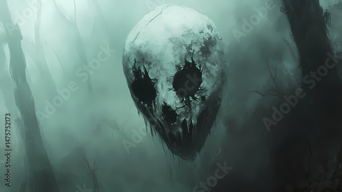 Cursed mask hovering in mist. [Cursed Menagerie] | Coldtusk Shrine | frostbite ivory. Illustration