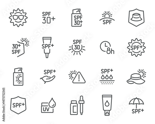 Editable Vector Icon Set for Sun Protection in Linear Style. The set features icons representing the sun, sunscreen, hats, sunglasses, and UV protection, all harmoniously proportional.