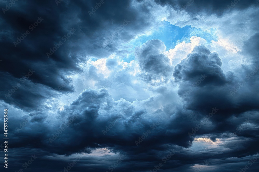 Obraz premium Dramatic stormy sky with thick dark clouds and a bright blue opening revealing sunlight, evoking a powerful and moody atmosphere