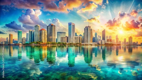 Miami Cityscape: Floating Metropolis Watercolor Double Exposure High-Resolution Stock Photo