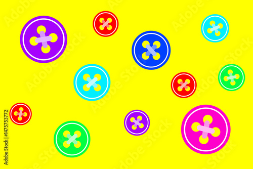 Colorful buttons scattered on a bright yellow background create a playful and vibrant visual for crafting enthusiasts