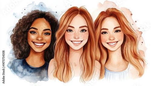 Cheerful Group of Three Multi-Ethnic Women Smiling Together in Artistic Style with Watercolor Background for Celebration and Friendship Illustrations
