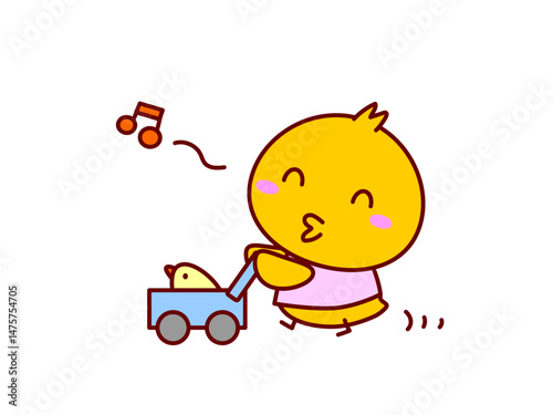 手押し車で遊ぶひよこ